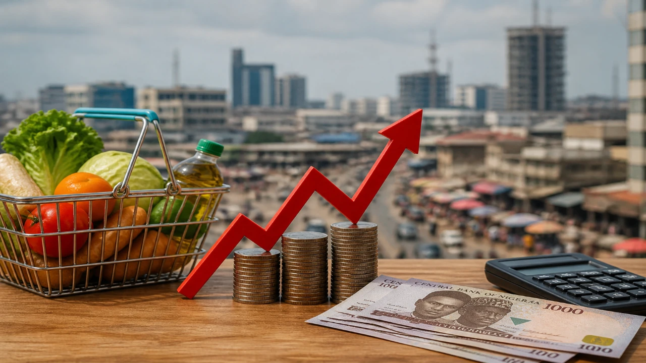 Nigerian naira, stacked coins, and a basket of groceries with a market in the background, illustrating purchasing power and the value of money in everyday spending